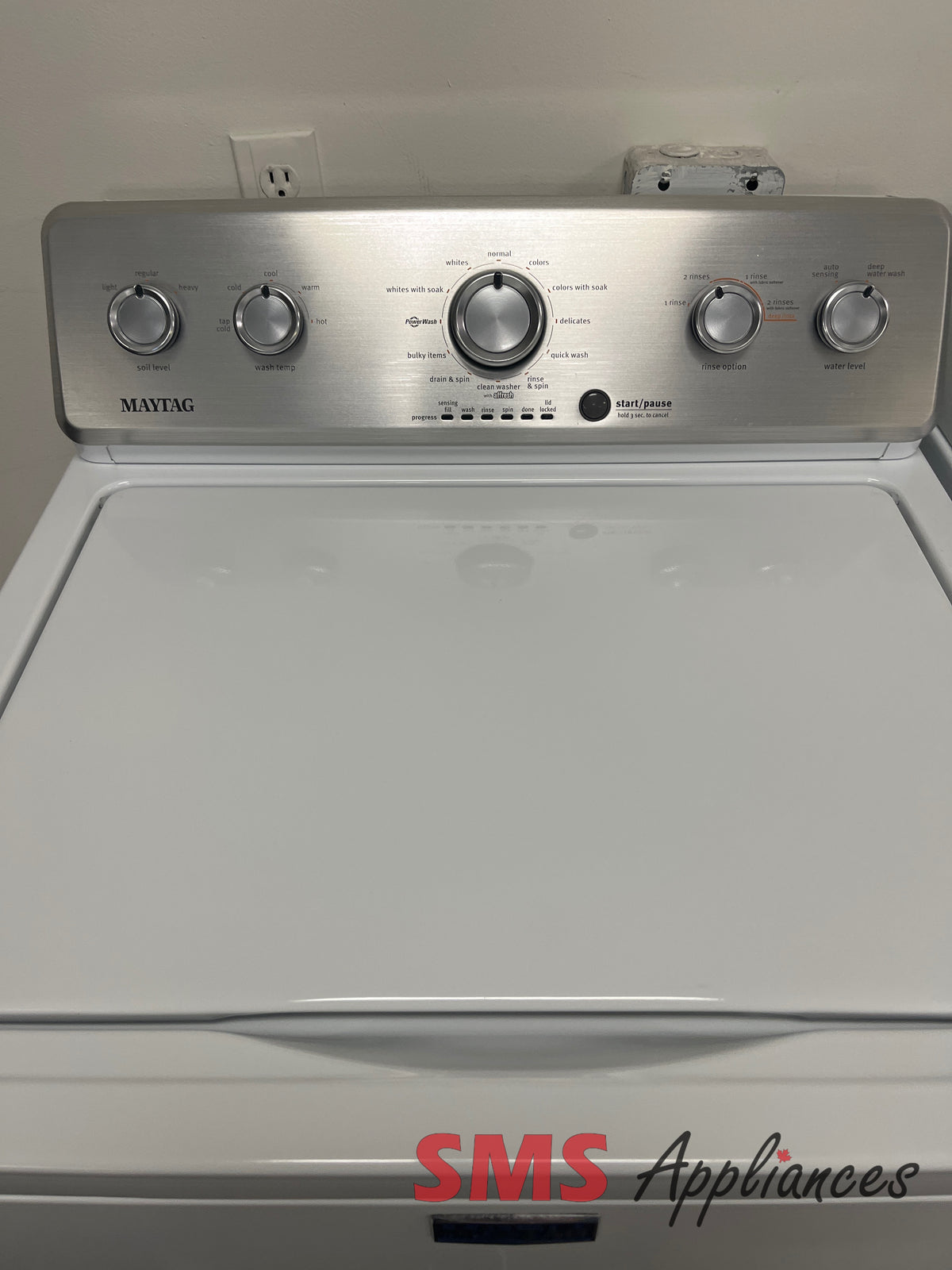 Refurbished Maytag MVWC465HW laundry set close-up - SMS Appliances