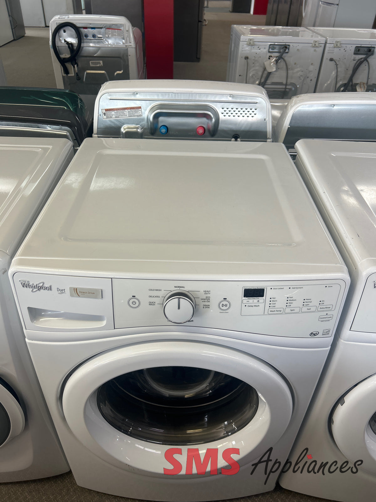 Refurbished Whirlpool WFW72HEDW laundry set close-up - SMS Appliances