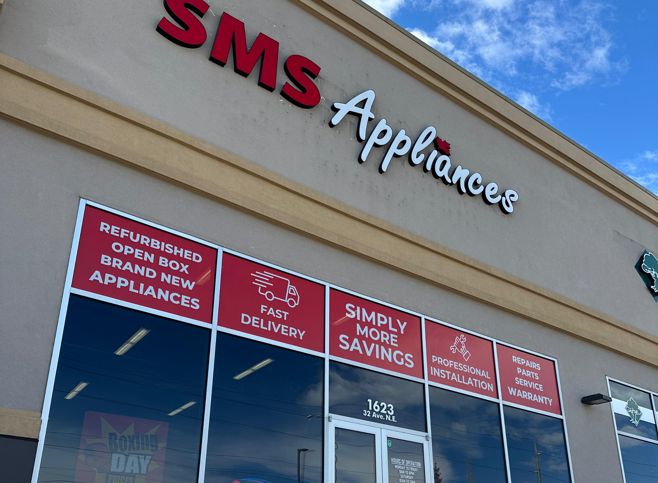 Appliance sales at SMS Appliances Calgary North, offering new, open box, and refurbished fridges, washers, dryers, and stoves with delivery and installation services.