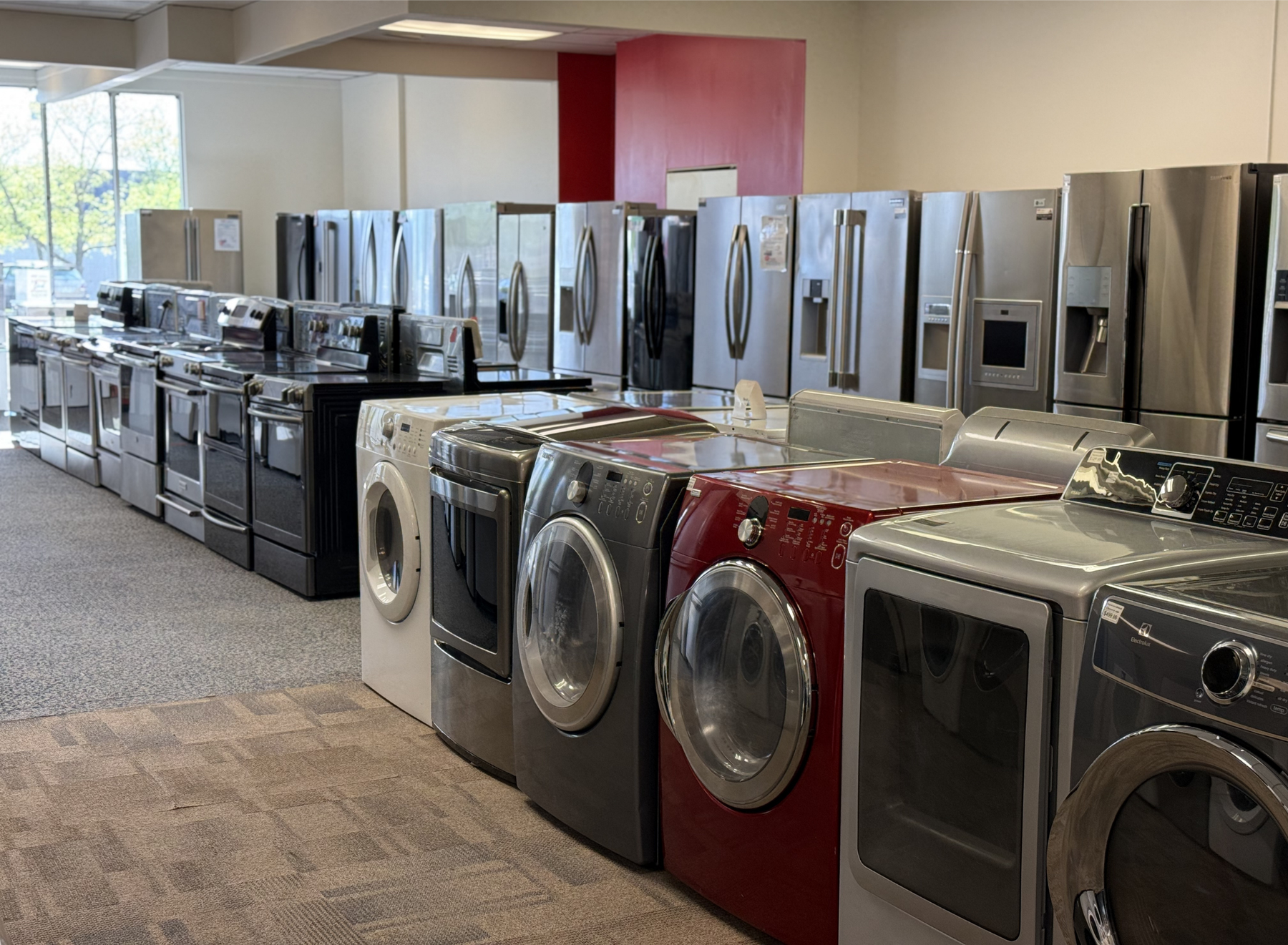 Refurbished appliances at SMS Appliances Calgary South, featuring certified used fridges, washers, dryers, and stoves with warranty and delivery options.